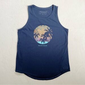 Life Is Good Beach Please Crusher Tank Top Blue Palm Tree Graphic Medium